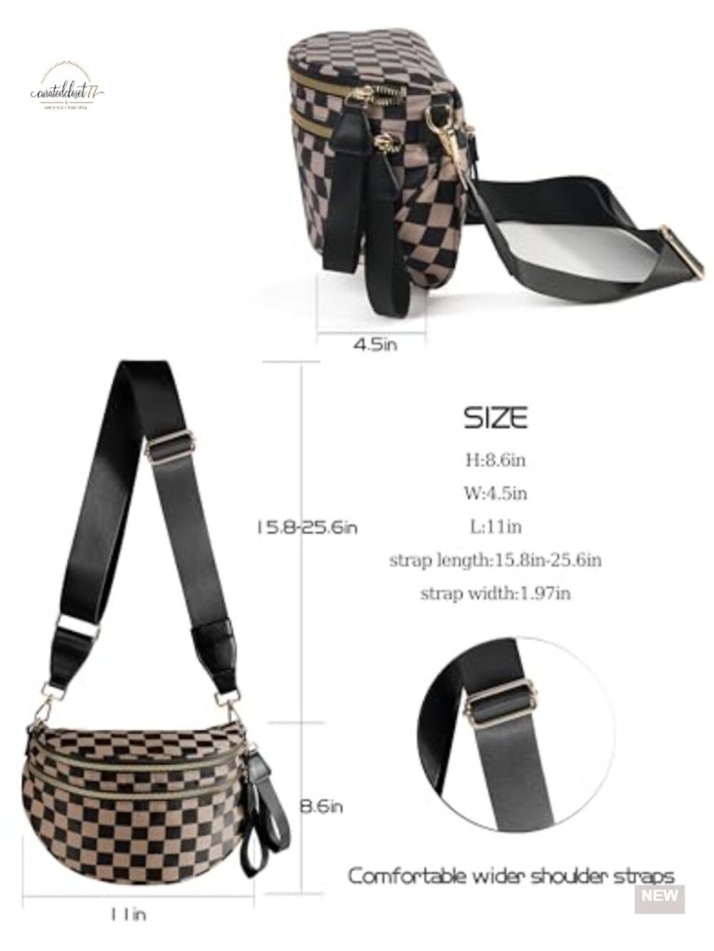 Checkered Nylon Crossbody Bag Bum Bag Lightweight Spacious - Picture 5 of 6